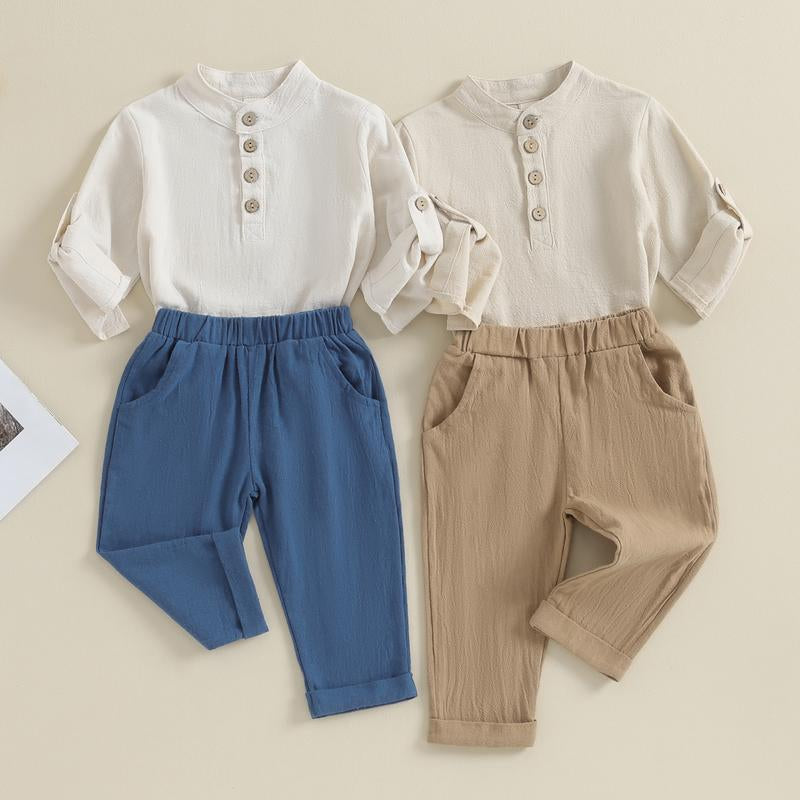Toddler Baby Boy Clothes Cotton Linen Henley Button down Long Sleeve Shirts and Casual Pants Set Fall Spring Summer Clothing
