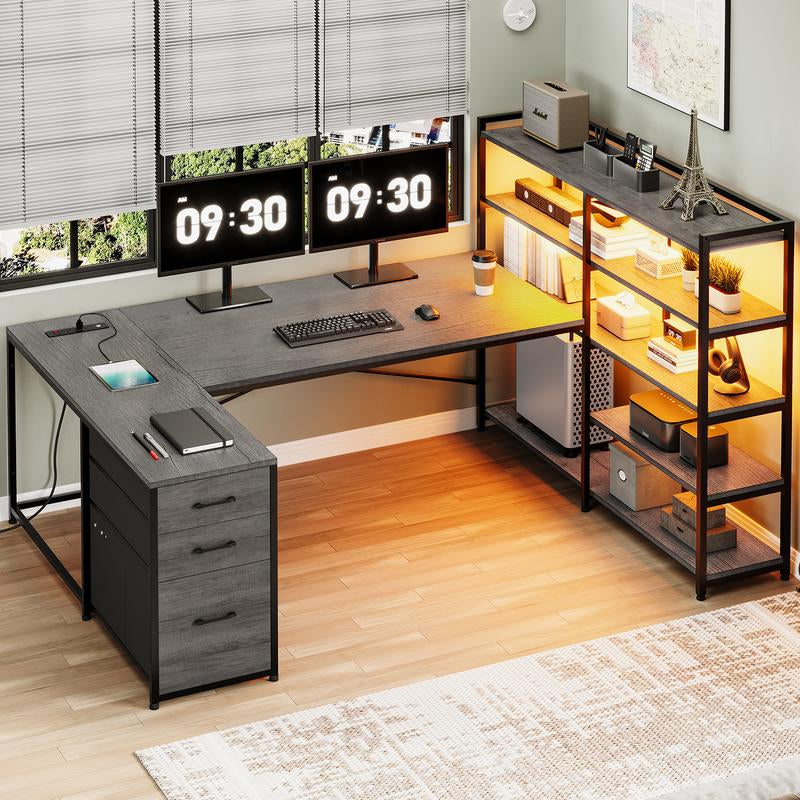 SEDETA 64.5 Inch LED L-Shaped Gaming Desk with Storage,L-Shaped Computer Desk with Storage ,Wooden Top Space-Saving Corner Desk W/Metal Frame, Large Computer Gaming PC Desk, Writing Table Study Desk for Bedroom, Study, Office Monitor Arm Adjustable