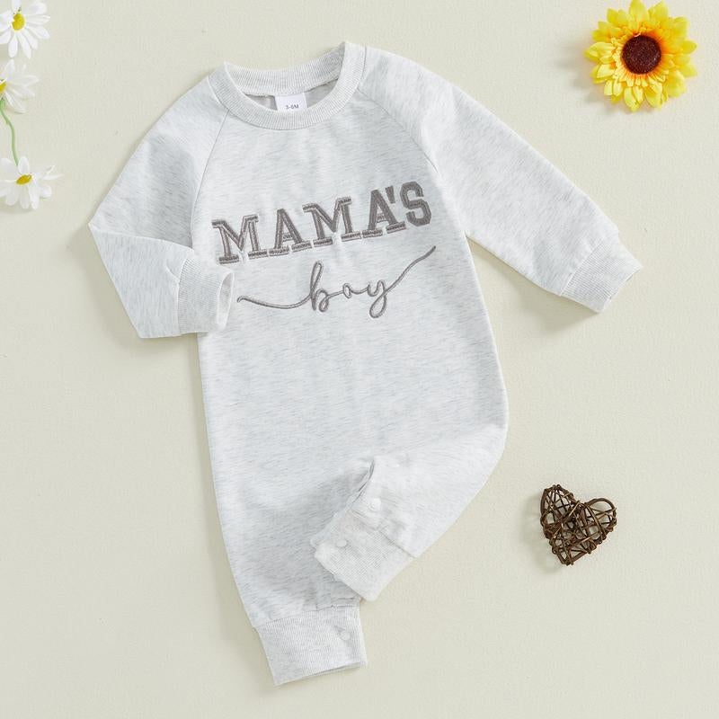 Baby Boy Fall Outfit Newborn Jumpsuit Infant Mama'S Boy Long Sleeve Crewneck Letter Embroidery Romper Cute Bodysuit Clothes