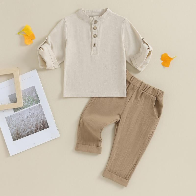 Toddler Baby Boy Clothes Cotton Linen Henley Button down Long Sleeve Shirts and Casual Pants Set Fall Spring Summer Clothing