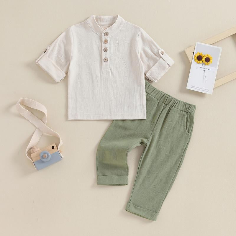 Toddler Baby Boy Clothes Cotton Linen Henley Button down Long Sleeve Shirts and Casual Pants Set Fall Spring Summer Clothing