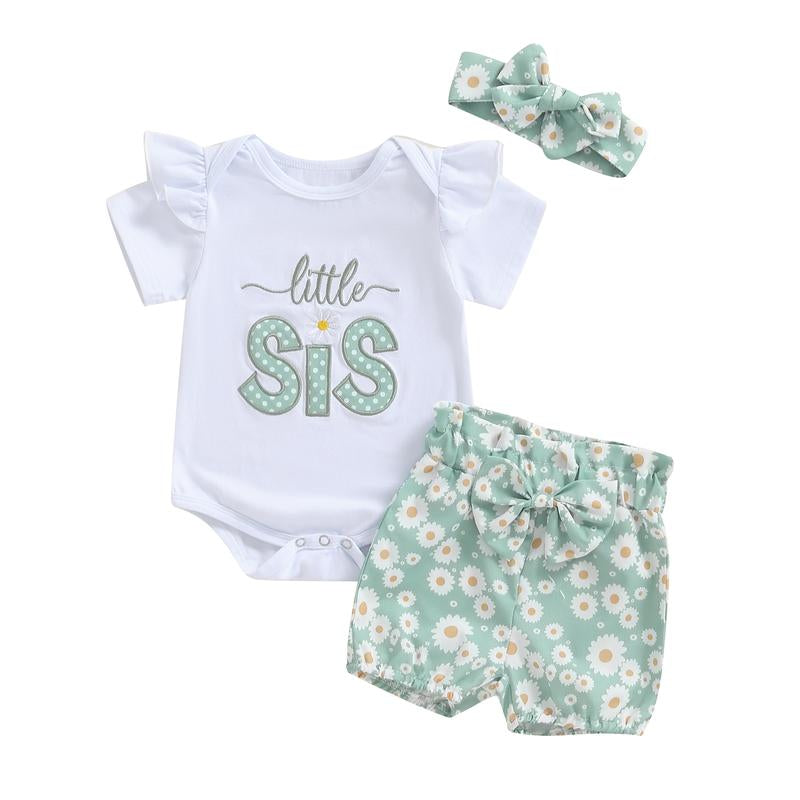 Baby Girl Summer Outfits Letter Embroidered Short Sleeve Rompers Floral Print Shorts Headband 3Pcs Clothes Set