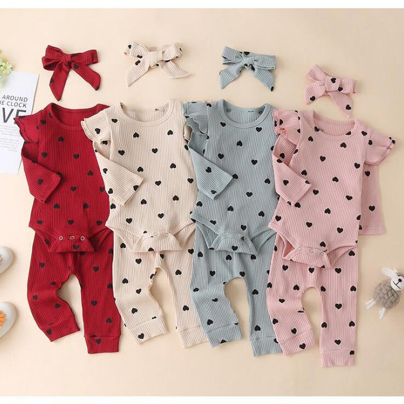 0-24M Newborn Baby Girl Cute Heart Print Crew Neck Ruffle Long Sleeve Romper + Long Pants Headband Set 3Pcs Infant Spring Fall Winter Clothes Outfits