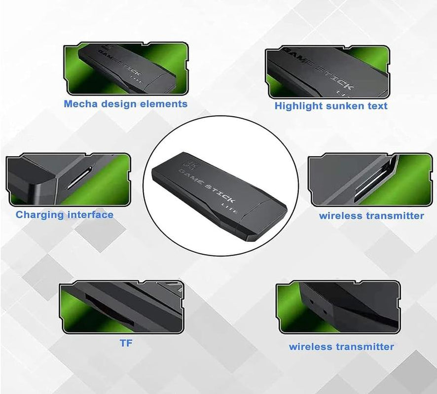 Wireless Retro Gameconsole Stick, Retro Video Gamestick Built in 2000+ Games with 9 Emulators, 4K HDMI Output with 22.4G Wireless Controllers (64GB Memory Card) Gaming Items Cable
