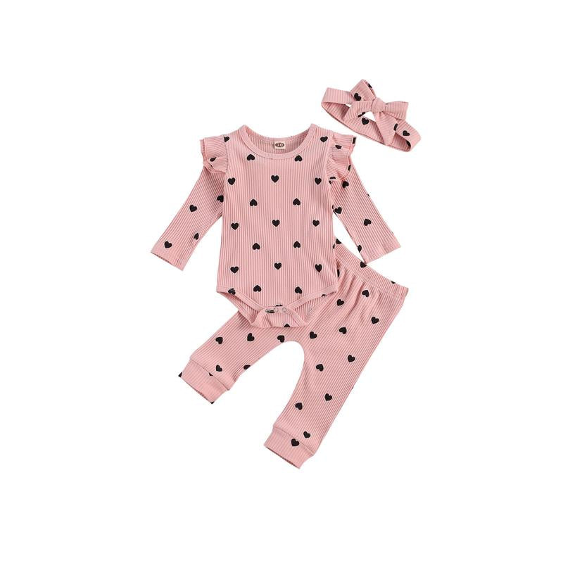 0-24M Newborn Baby Girl Cute Heart Print Crew Neck Ruffle Long Sleeve Romper + Long Pants Headband Set 3Pcs Infant Spring Fall Winter Clothes Outfits