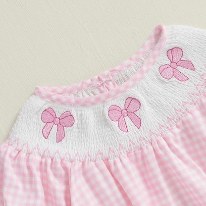 Smocked Bubble Romper Baby Girl Newborn Bow Embroidery Plaid Ruffle Long Sleeve Bodysuit Fall Clothes