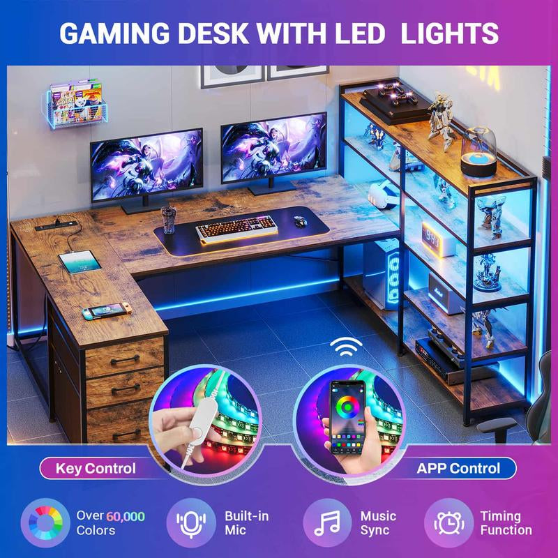 SEDETA 64.5 Inch LED L-Shaped Gaming Desk with Storage，L-Shaped Computer Desk with Storage ，Wooden Top Space-Saving Corner Desk W/Metal Frame, Large Computer Gaming PC Desk, Writing Table Study Desk for Bedroom, Study, Office Monitor Arm Adjustable