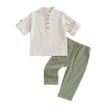 Toddler Baby Boy Clothes Cotton Linen Henley Button down Long Sleeve Shirts and Casual Pants Set Fall Spring Summer Clothing